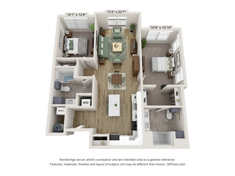 Floor plan for 2 beds, 2 baths, 1091 sqft